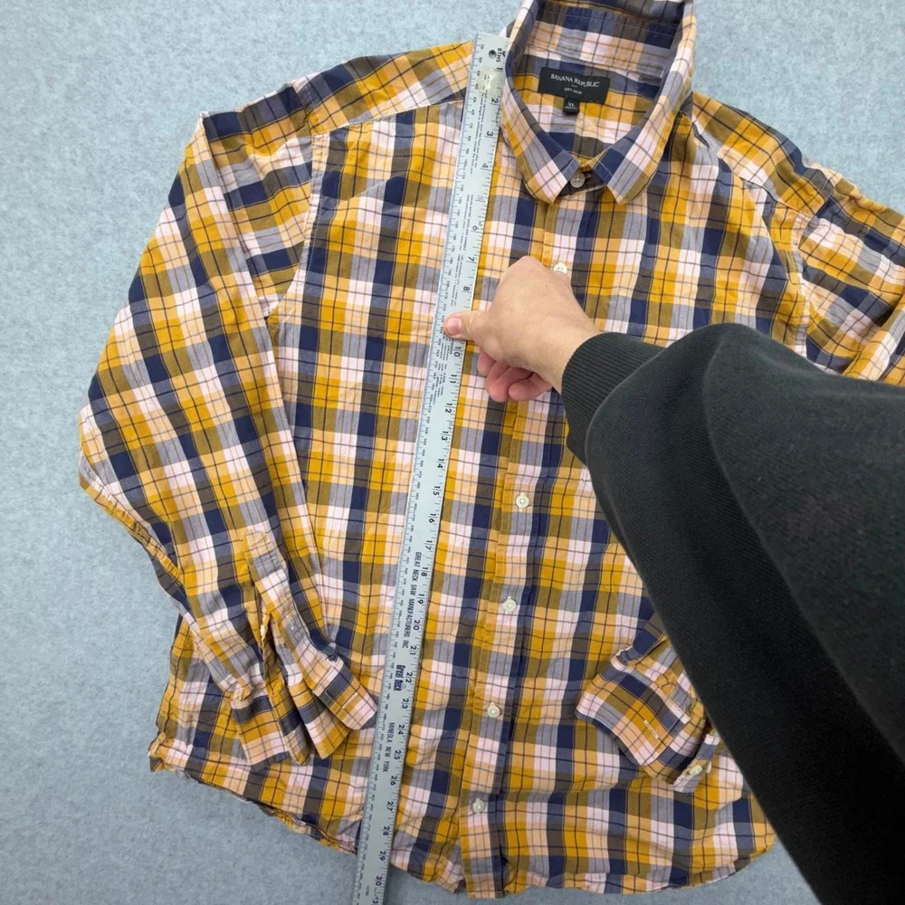 Banana Republic Soft‎ Wash Mens XL Plaid Button Down Shirt Mustard Yellow Navy
